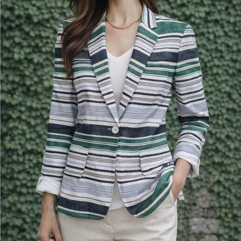 NWT JOIE Blue and Green Rossmore Quiet Luxury Linen Striped Blazer, S